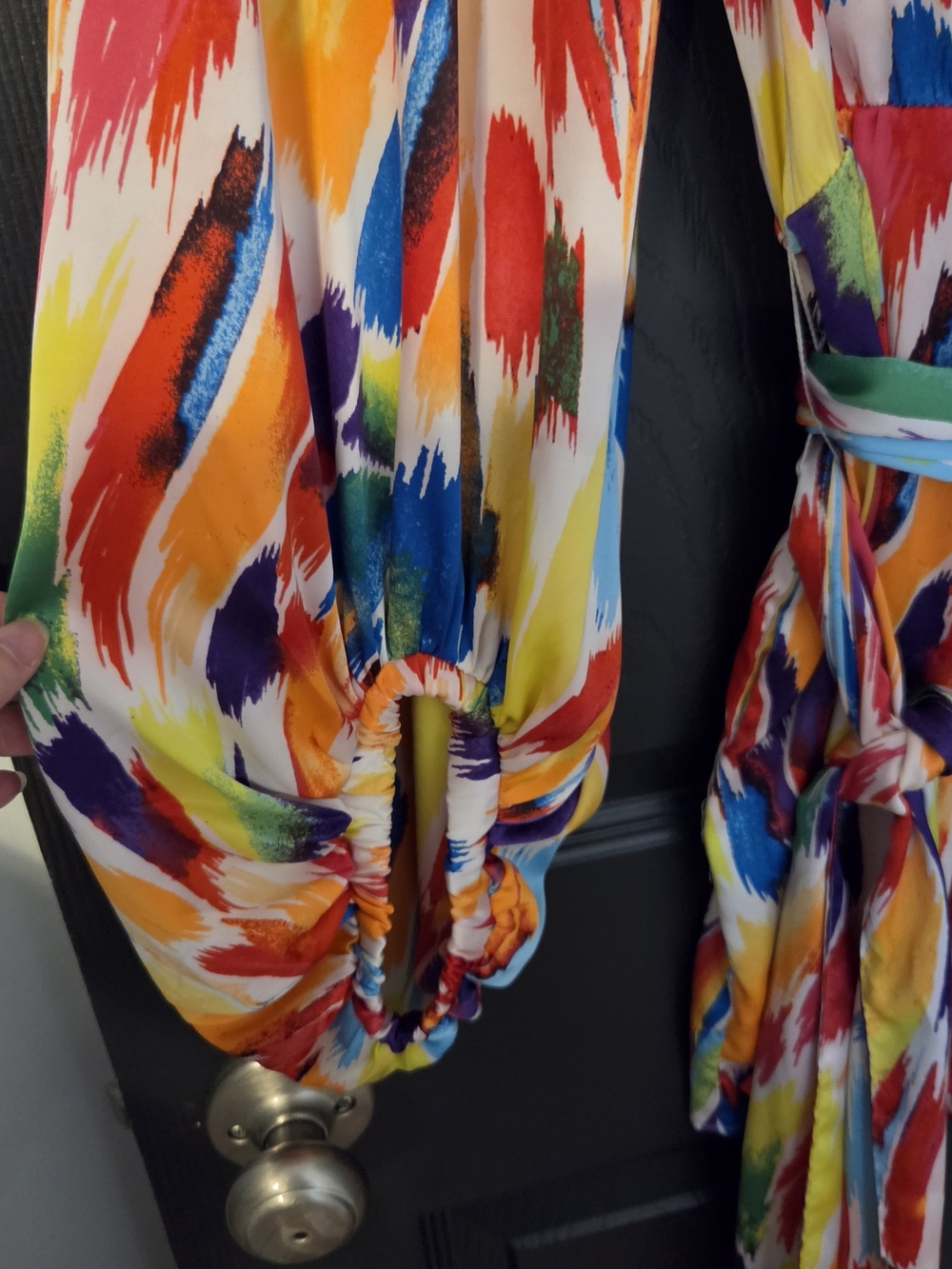 New York & Company Multicolor Brushstroke Wrap Romper - Bright Rainbow Hues - Picture 4 of 4